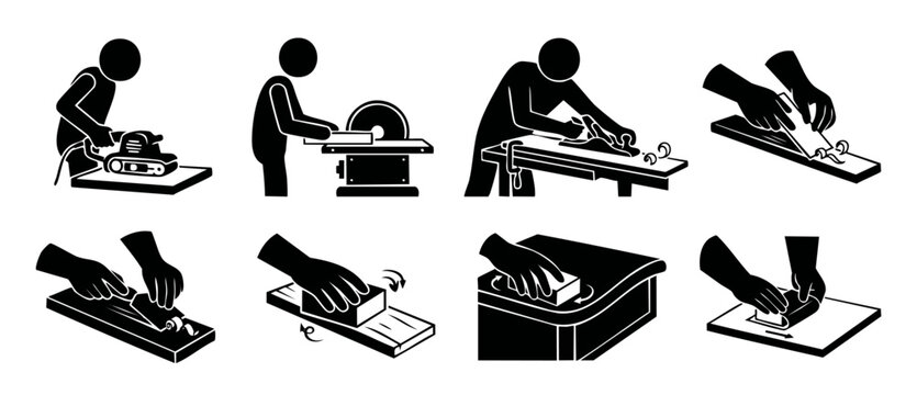 Woodworking process icons set, carpentry tool operations and wood sanding techniques for workshop manual, manual labor activities, craftsman manual work, professional joinery instructions, vector illu