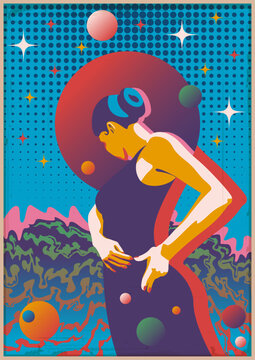 1970s Psychedelic Posters Style Illustration. Dancing Woman, Abstract Background, Vintage Psychedelic Colors, Aged Textured Frame