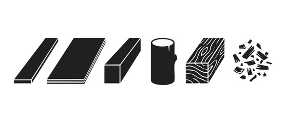 Wood processing stages icons set, timber lumber log wood chips silhouette elements for construction and forestry industry project design, flat minimalist vector graphics collection isolated on white b © Fernando