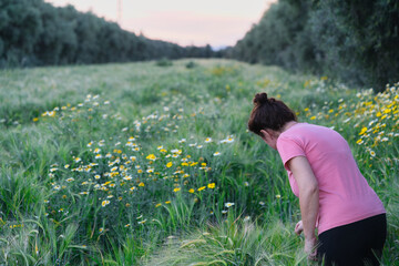 Naklejka premium A woman touches the ears of wheat in a field with olive trees.