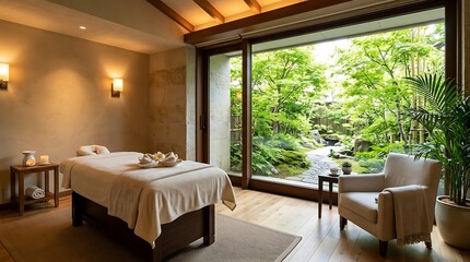 Fototapeta premium Serene spa massage room with a tranquil garden view, offering relaxation and wellness in a natural, peaceful setting