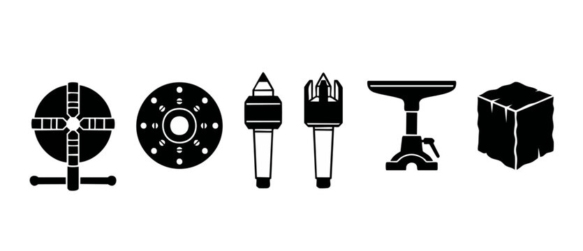 Wood Lathe Tools and Equipment Icons Set for Woodworking Projects, Crafting Machinery Silhouettes for Carpentry, Turning Chucks and Drive Centers for Industrial Wood Lathe Lathe Machine Workshop Tooli