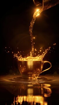 Golden liquid elegantly pouring into a gleaming antique teacup