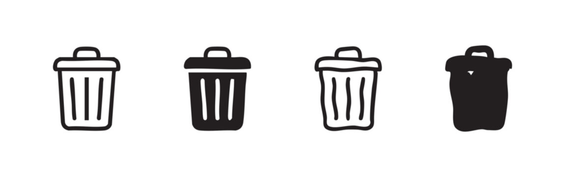 Four trash can icons in various styles: outlined, solid, and hand-drawn representations.