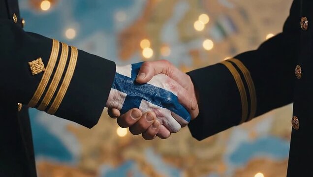 Finnish and american military officers shaking hands against a map background.