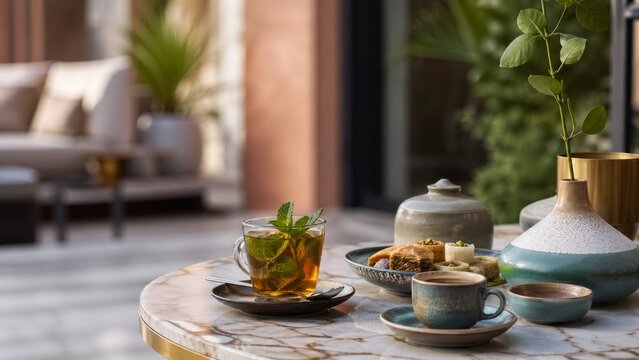Moroccan mint tea and pastries on marble table in elegant boutique hotel terrace