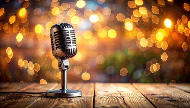 A classic chrome vintage microphone stands on a dim stage under glowing lights, ready for a live jazz music performance or studio audio recording in a retro entertainment setting