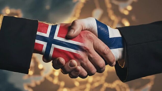Diplomatic handshake between norway and finland with painted hand flags.