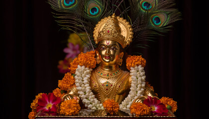 Fototapeta premium Hindu Goddess Idol Decorated with Flowers and Peacock Feathers for Religious Worship