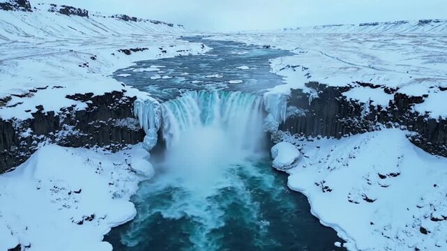 Aerial drone view of Godafoss waterfall in Iceland with clear water flowing over rocks surrounded by snow