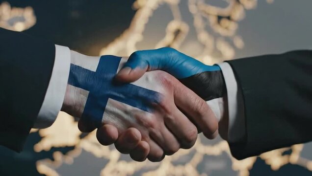 Finnish and estonian handshake against blurred european political map.