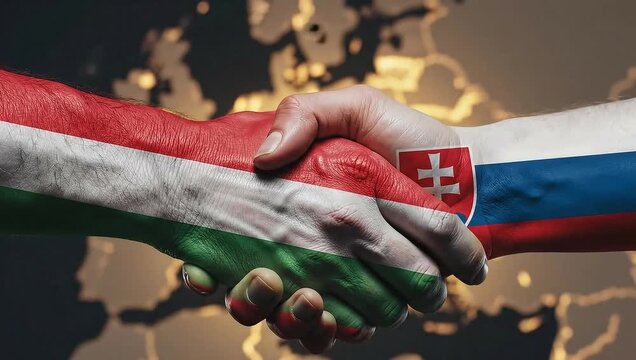 Diplomatic handshake between hungary and slovakia over a map background.