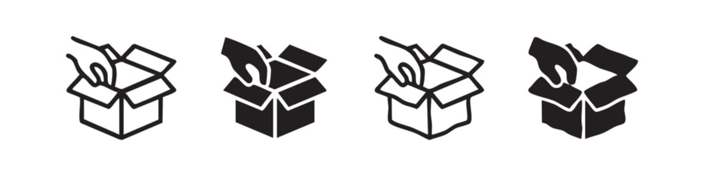 Four illustrated variations of a hand opening a box icon, in black and white.