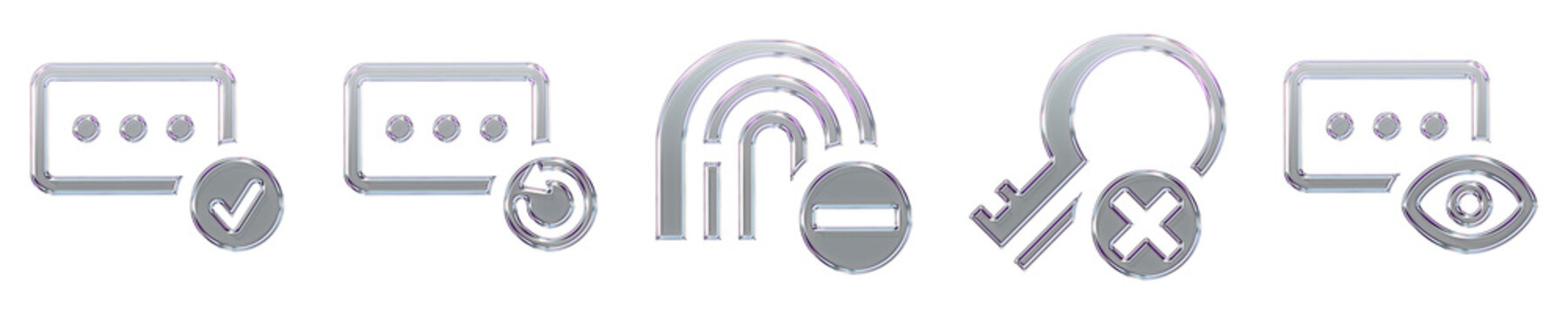 3D isometric icon set - password check, re enter pincode, remove fingerprint, remove key, and show password. Authentication security and user identity verification. 3D.