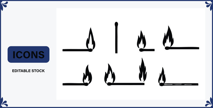Collection of matchstick icons in various burning stages and positions  simple black vector graphics