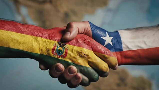 Bolivia and chile flag painted on hands shaking against world map background.