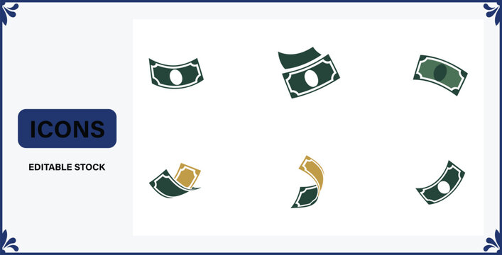 Collection of various green and gold dollar bill icons in different curved positions  editable stock graphics