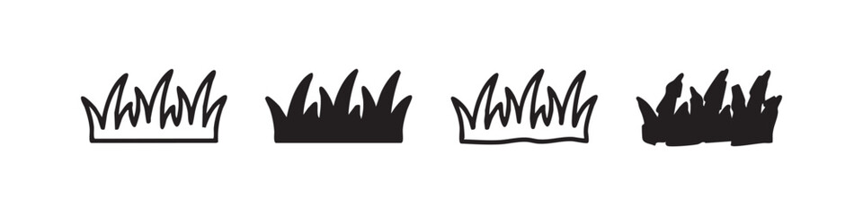 Four variations of a grass clump icon, in outline and solid fill © liubomir118809