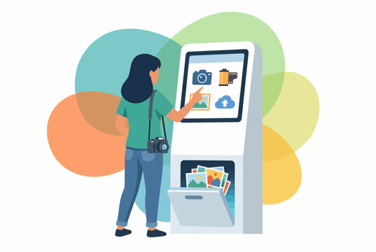 Modern Self Service Photo Printing Kiosk with Woman Photographer