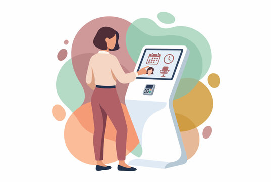 Woman Using Modern Digital Self Service Kiosk for Booking