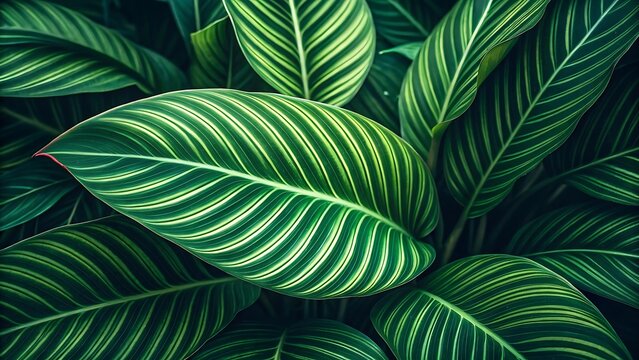 Extreme close-up of lush tropical green leaves with striking white and yellow veins, showcasing intricate natural patterns.
