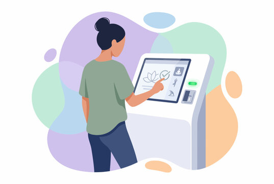 Modern Woman Using Wellness Self-Service Kiosk Terminal