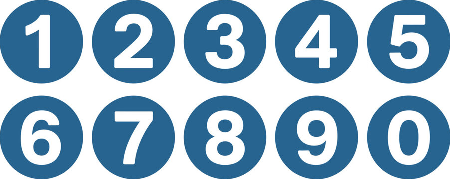 Number button circles blue set, circular numeric keypad icons featuring numbers 1 to 10 for interface design app buttons and UI elements.