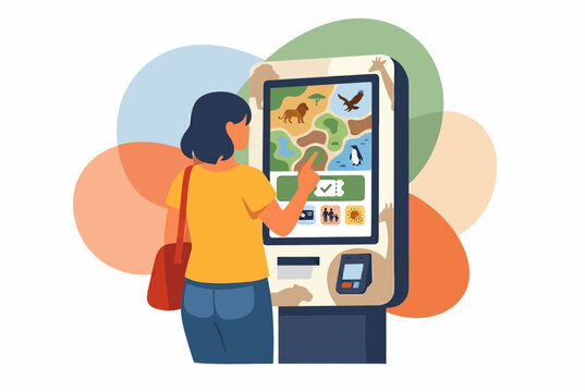 Young Woman Using Modern Self Service Digital Kiosk at Zoo