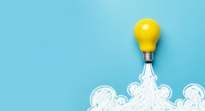 Rocketing yellow lightbulb on blue background perfect for creative business innovation and success