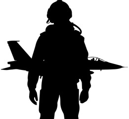 Black Silhouette of a Fighter Pilot in Flight Gear with Military Jet Aircraft Icon Isolated on White Background © Rezowan 