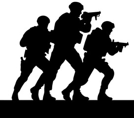 Obraz premium Black Silhouette of Three Armed Soldiers in Tactical Combat Positions Isolated on White Background
