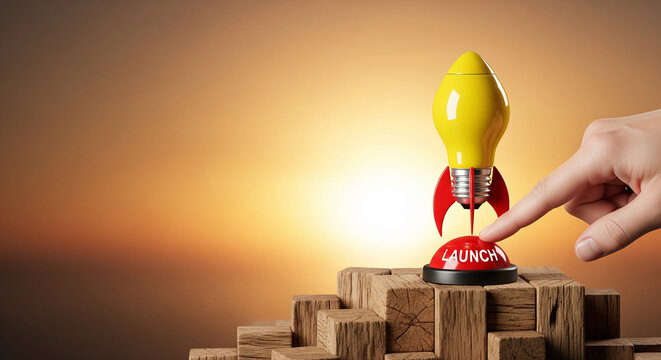 Finger pressing launch button for lightbulb rocket perfect for business startup and future animation