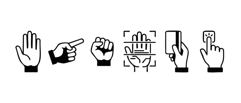 Hand Gestures Icon Set, Finger Pointing, Fist, Palm Scan, Credit Card and Button Touch for Digital UI Design, Business Communication Symbols and Tech Interface Vector Collection on White Background