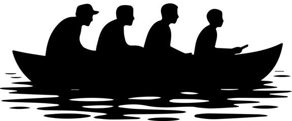 Black Silhouette of Four People Rowing a Boat on Water Vector Illustration © Rezowan 