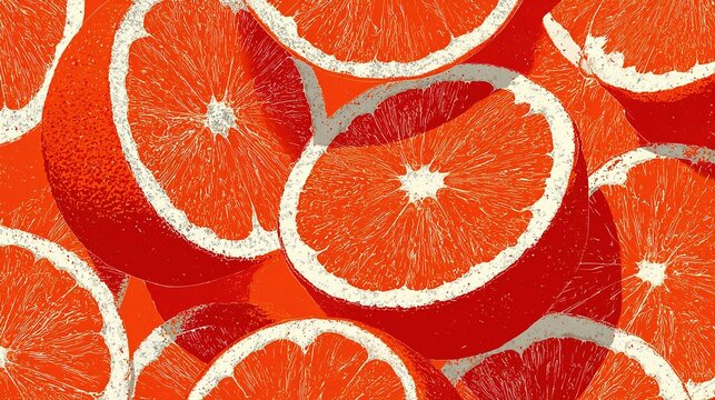 Seamless all over pattern of tightly packed orange fruit slices, simple graphic style with white radial segment lines and narrow white peel edges, overlapping slices on solid orange background