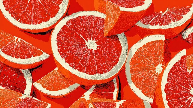 Seamless all over pattern of tightly packed orange fruit slices, simple graphic style with white radial segment lines and narrow white peel edges, overlapping slices on solid orange background