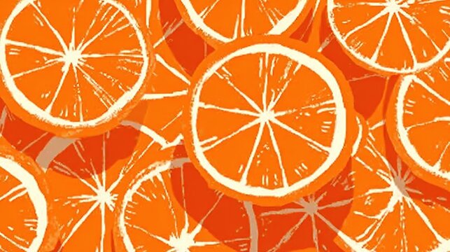 Seamless all over pattern of tightly packed orange fruit slices, simple graphic style with white radial segment lines and narrow white peel edges, overlapping slices on solid orange background
