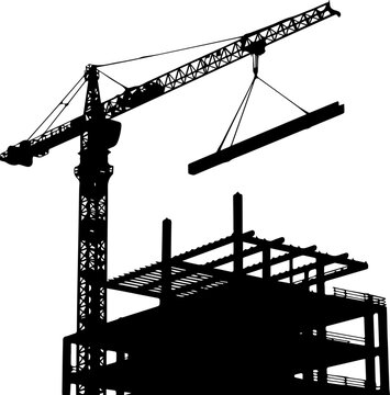 Silhouette of a Large Tower Crane Lifting a Steel Beam at a Building Construction Site Vector Illustration