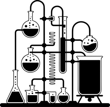 Black and White Vector Illustration of a Complex Chemistry Laboratory Setup with Flasks and Beakers