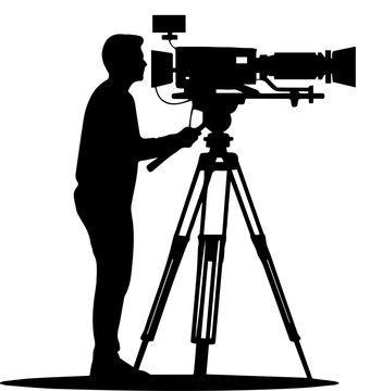 Black Silhouette of a Professional Cameraman Filming with a Movie Camera on a Tripod Isolated on White Background