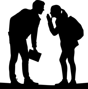Black Silhouette of a Woman Whispering a Secret or Information to a Man Holding a Book, Vector Illustration on White Background