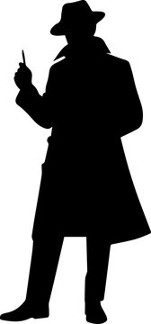 Detective Silhouette Man in Trench Coat and Fedora Holding Pen Mysterious Investigator Vector