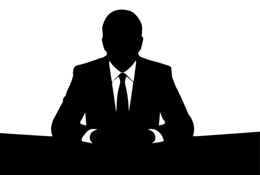Black Silhouette of a Businessman or Politician in a Suit and Tie Sitting at a Desk Against a White Background Vector Illustration