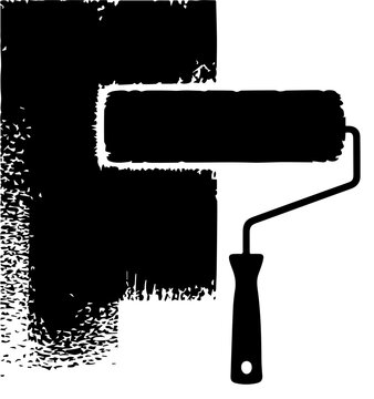 Black Paint Roller Silhouette with Textured Distressed Paint Stroke Vector Illustration