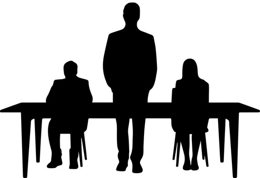 Black silhouette of business team members at a desk with one person standing and two people sitting for business meeting concept