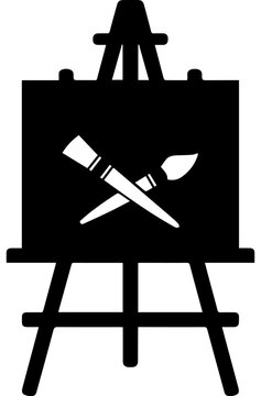 Black Artist Easel with Crossed Paintbrushes Silhouette Vector Icon for Creative Arts Design