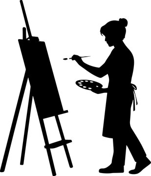 Black Silhouette of Female Artist Painting on Canvas with Easel Holding Palette and Brush Isolated on White Background
