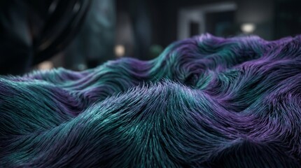 Obraz premium Vibrant purple and teal fur waves across a dark background indoors.