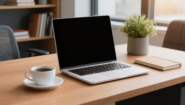 Modern Home Office Setup with Laptop and Coffee on Wooden Desk