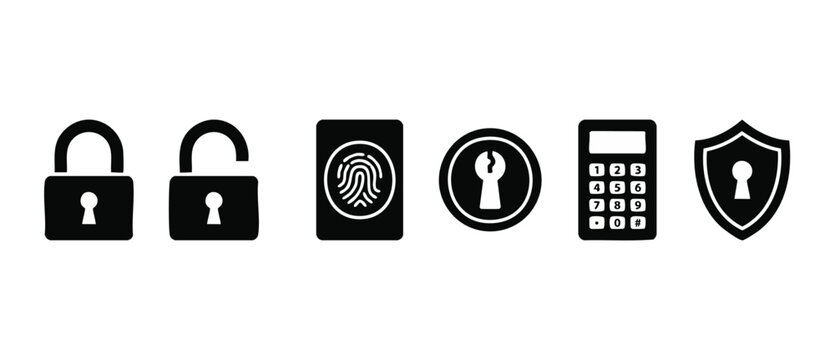 Security Icons Set: Padlock, Fingerprint, Keyhole, Numpad, and Shield for Cybersecurity Protection. Digital Access, Privacy Verification, Password Authentication, and Web Safety Vector Symbols for Int
